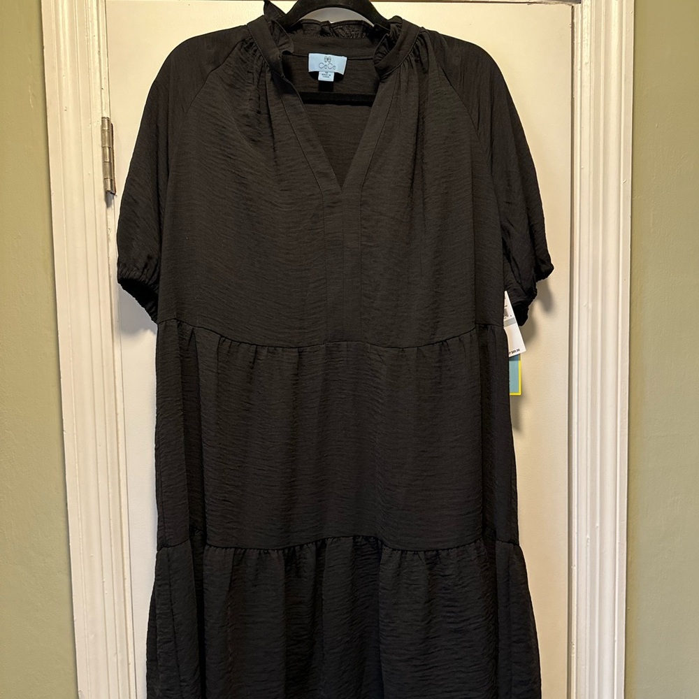 CeCe Black Midi Dress with Tiered Design and V-Neck